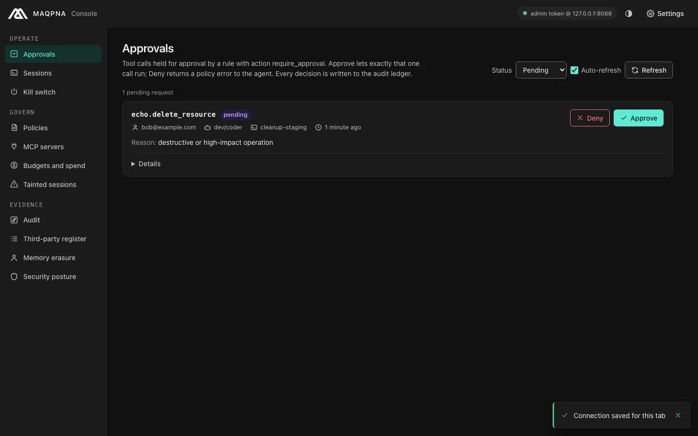 The console approvals page