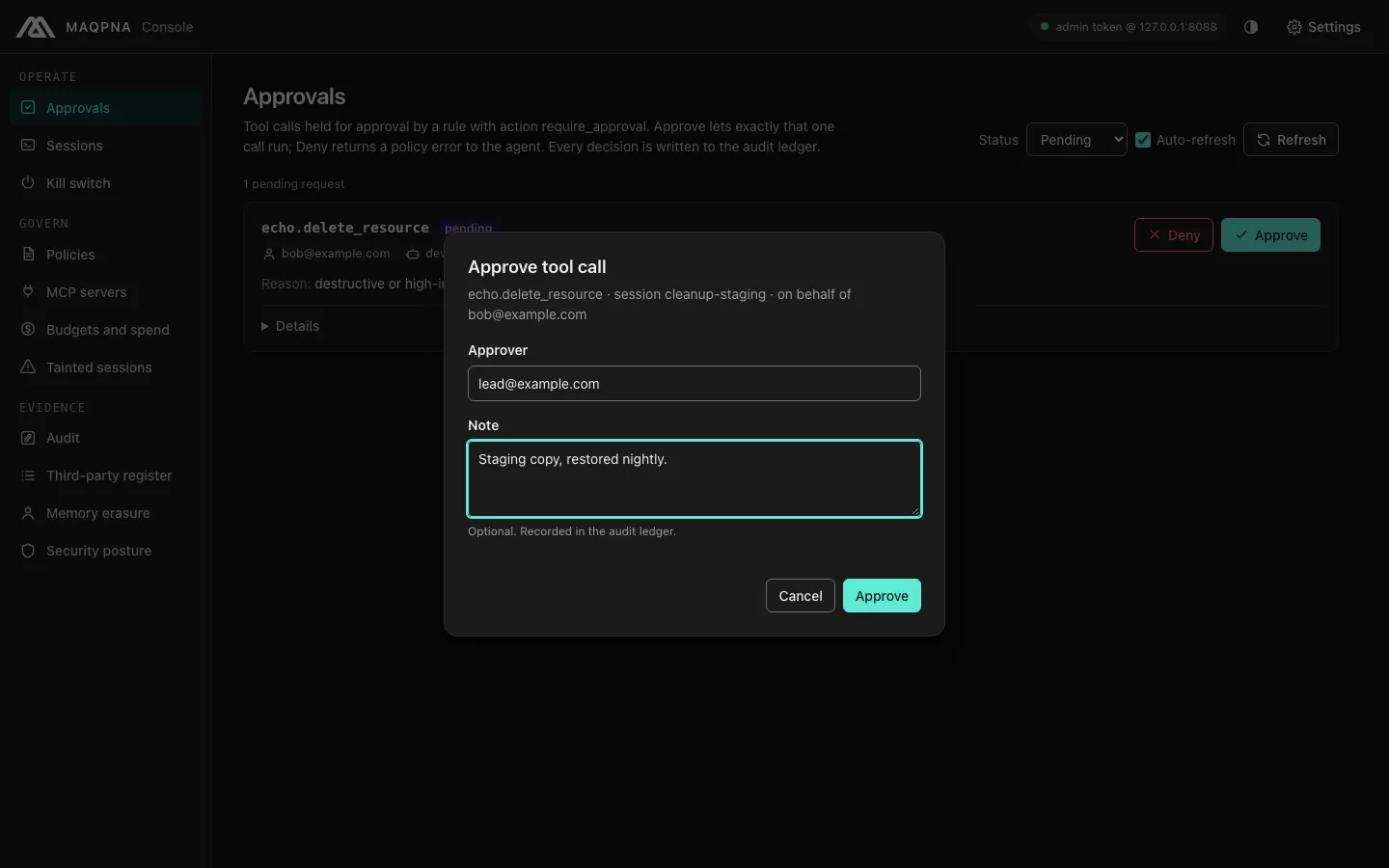The console approve dialog with approver and note