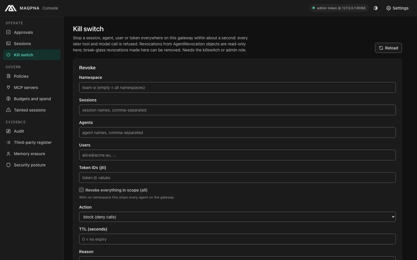The console kill-switch page
