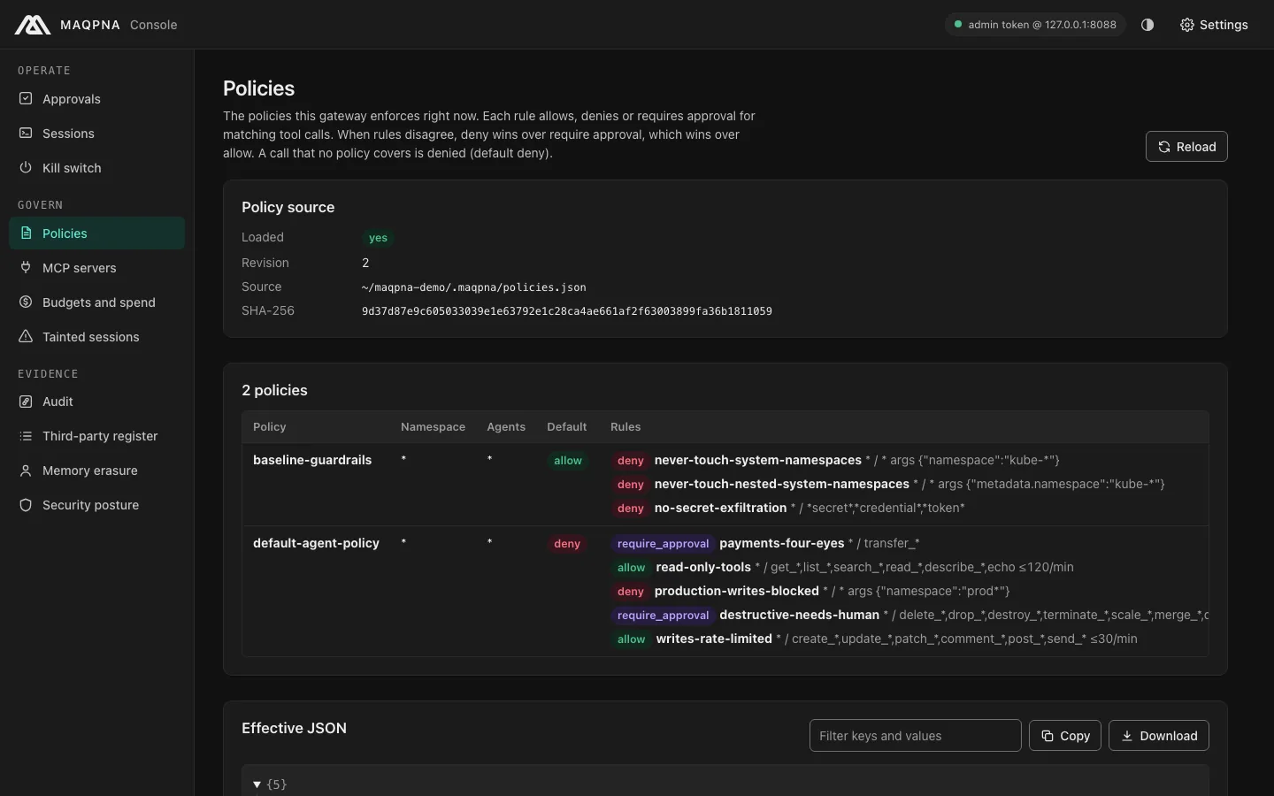 The console policies page