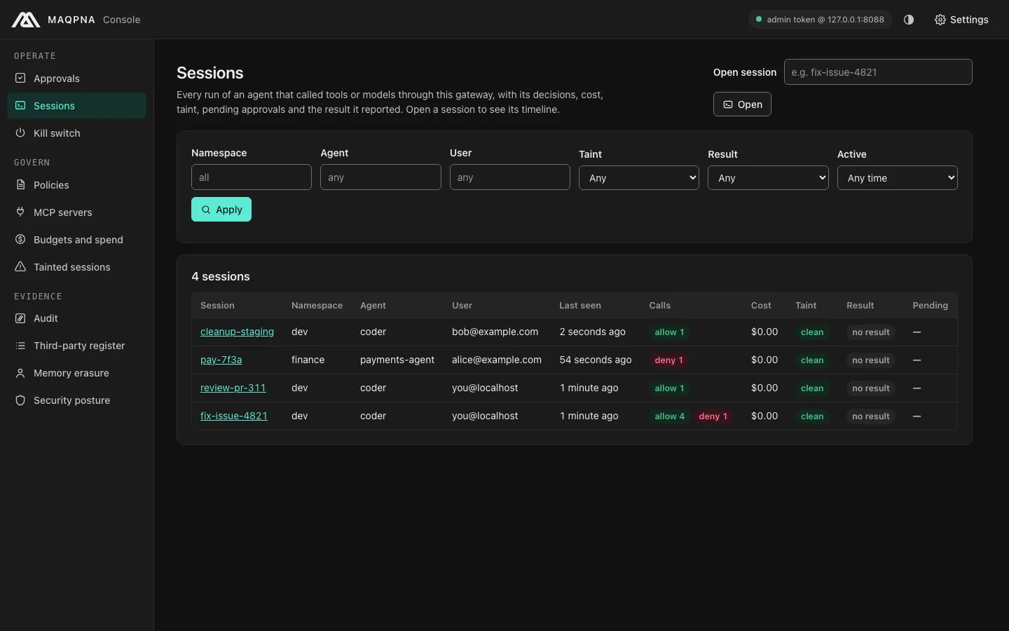 The console Sessions page: eight sessions with namespace, agent, user, call counts, cost, taint, result and pending approvals