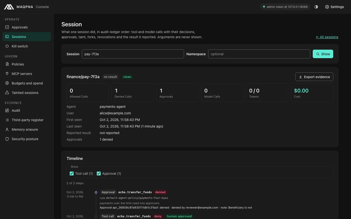 A denied approval in the console session timeline