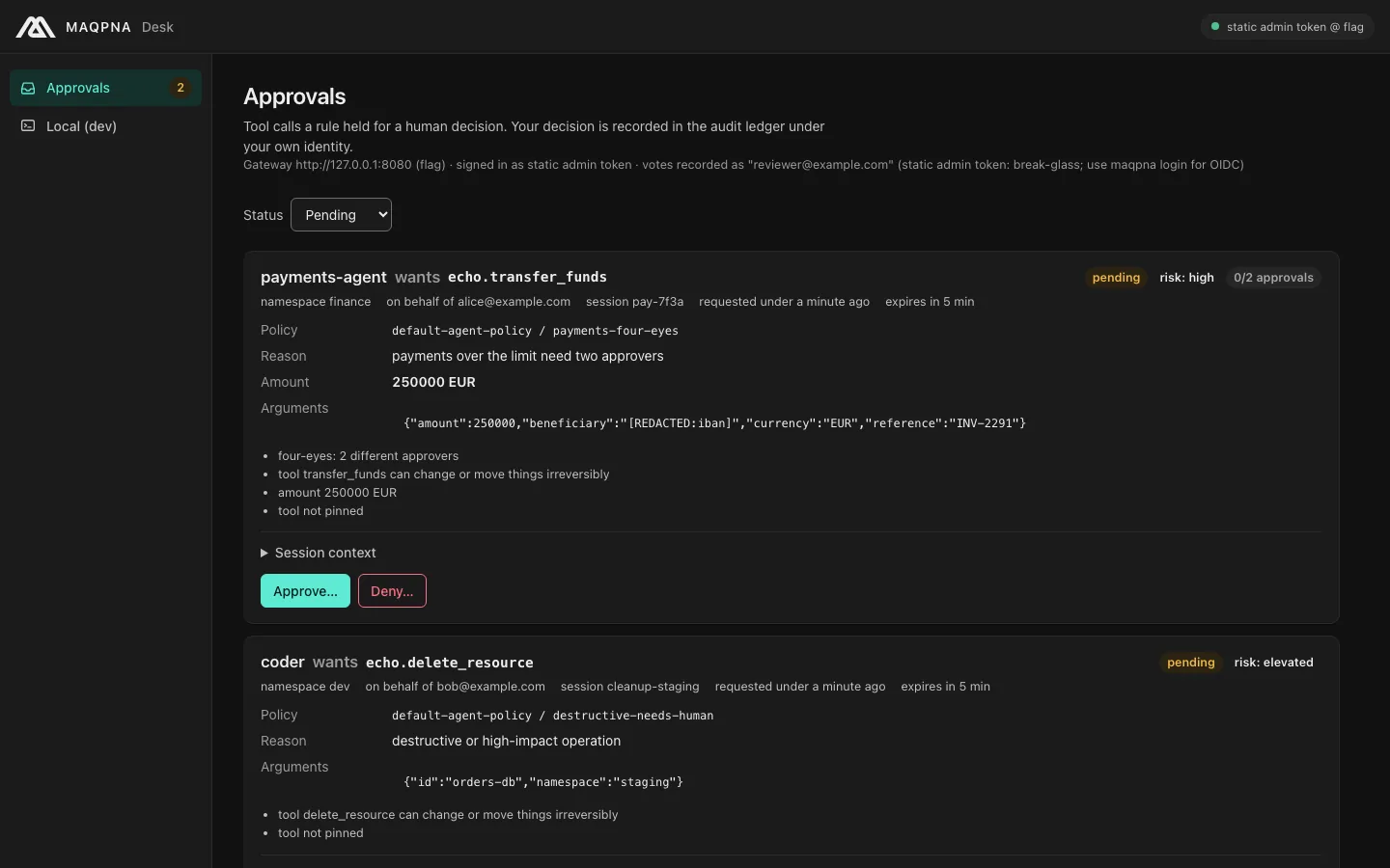 MAQPNA Desk inbox with a pending approval